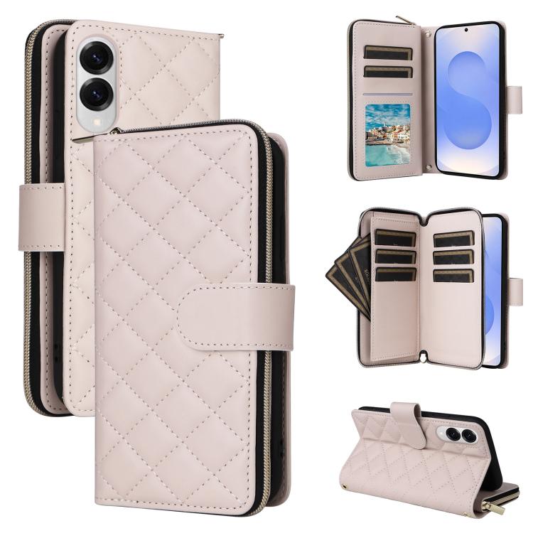 

For Samsung Galaxy S25 Edge 5G Crossbody Rhombic Zipper Tower Buckle Leather Phone Case with Lanyard(Beige)