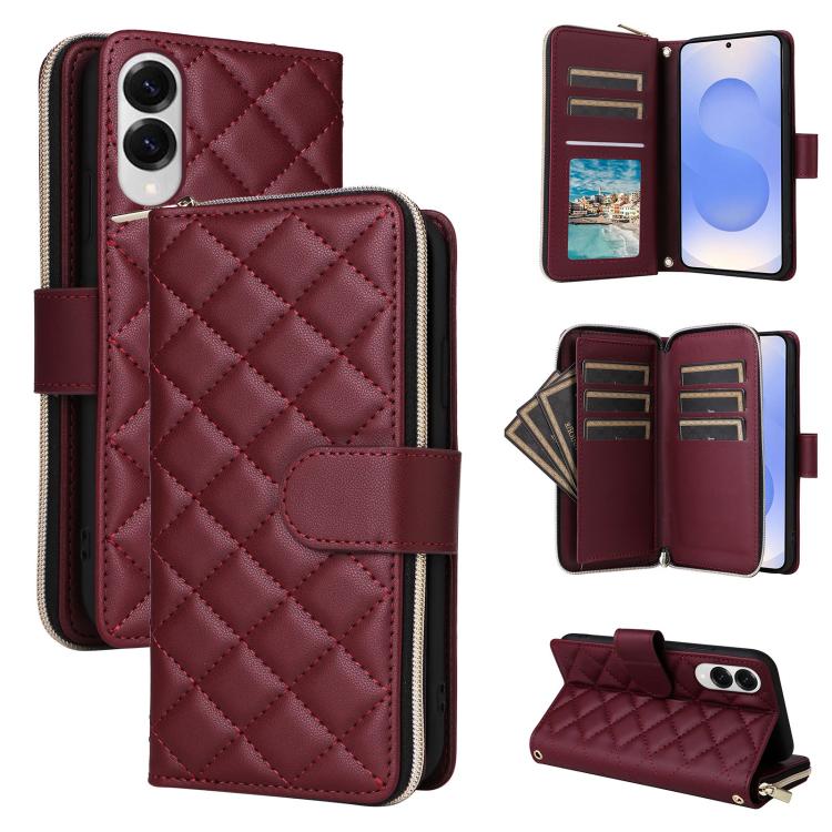 

For Samsung Galaxy S25 Edge 5G Crossbody Rhombic Zipper Tower Buckle Leather Phone Case with Lanyard(Wine Red)