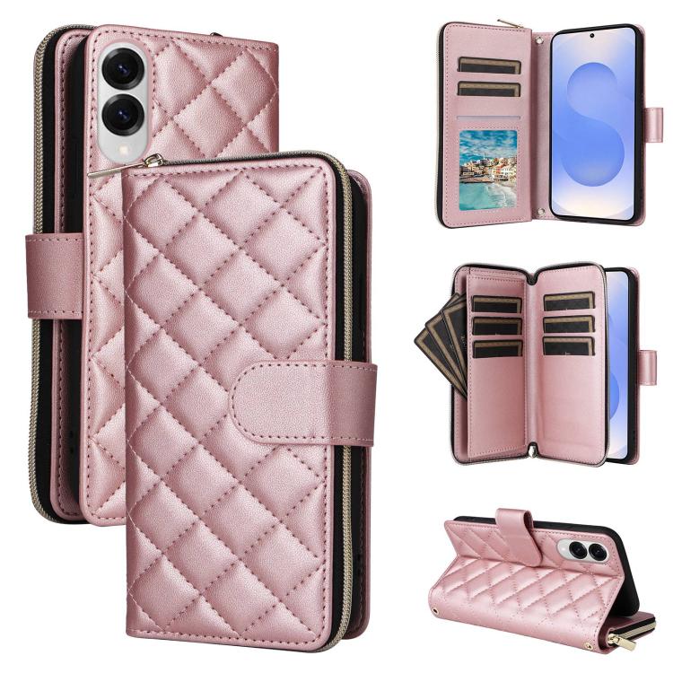 

For Samsung Galaxy S25 Edge 5G Crossbody Rhombic Zipper Tower Buckle Leather Phone Case with Lanyard(Rose Gold)