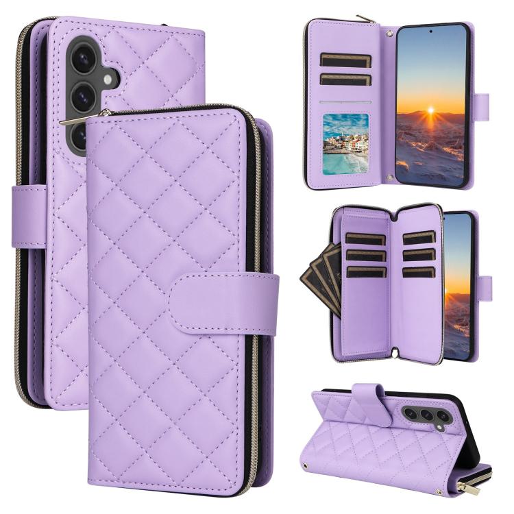 

For Samsung Galaxy S25 FE 5G Crossbody Rhombic Zipper Tower Buckle Leather Phone Case with Lanyard(Purple)