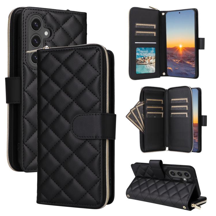 

For Samsung Galaxy S25 FE 5G Crossbody Rhombic Zipper Tower Buckle Leather Phone Case with Lanyard(Black)