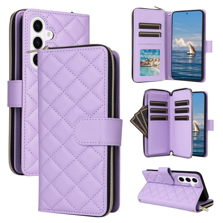 

For Samsung Galaxy S26 5G Crossbody Rhombic Zipper Tower Buckle Leather Phone Case with Lanyard(Purple)