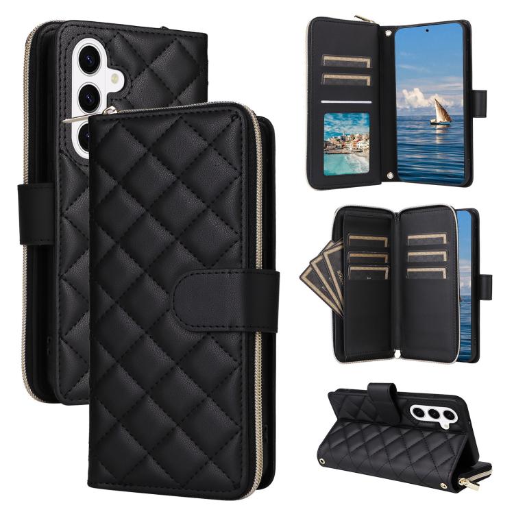 

For Samsung Galaxy S26 5G Crossbody Rhombic Zipper Tower Buckle Leather Phone Case with Lanyard(Black)