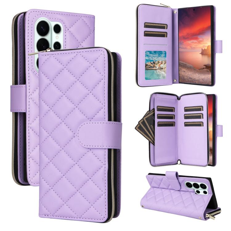 

For Samsung Galaxy S26 Ultra 5G Crossbody Rhombic Zipper Tower Buckle Leather Phone Case with Lanyard(Purple)