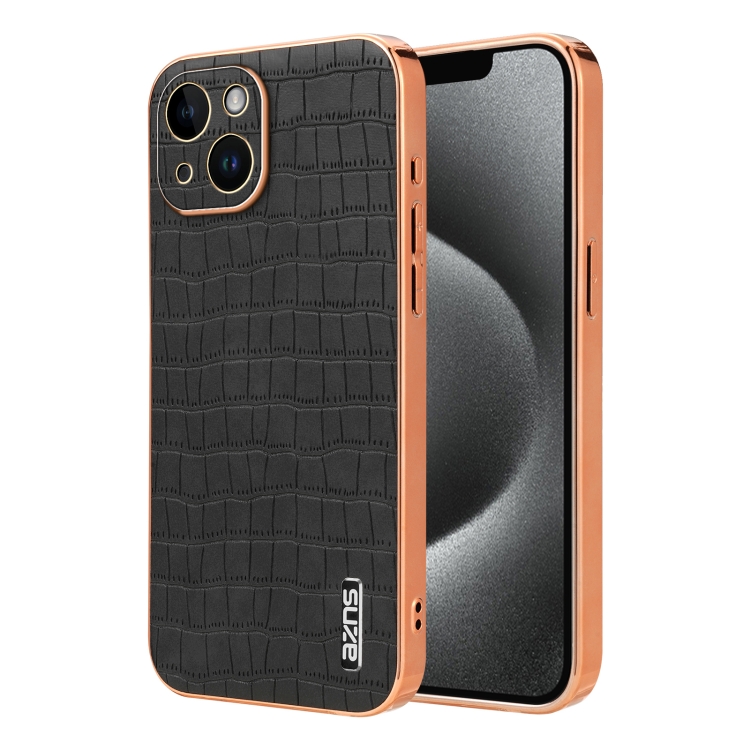 

For iPhone 14 AZNS Electroplated Frame Crocodile Texture Full Coverage Phone Case(Black)