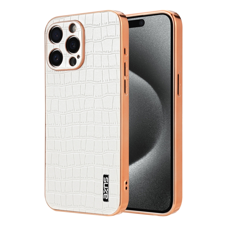 

For iPhone 15 Pro Max AZNS Electroplated Frame Crocodile Texture Full Coverage Phone Case(White)