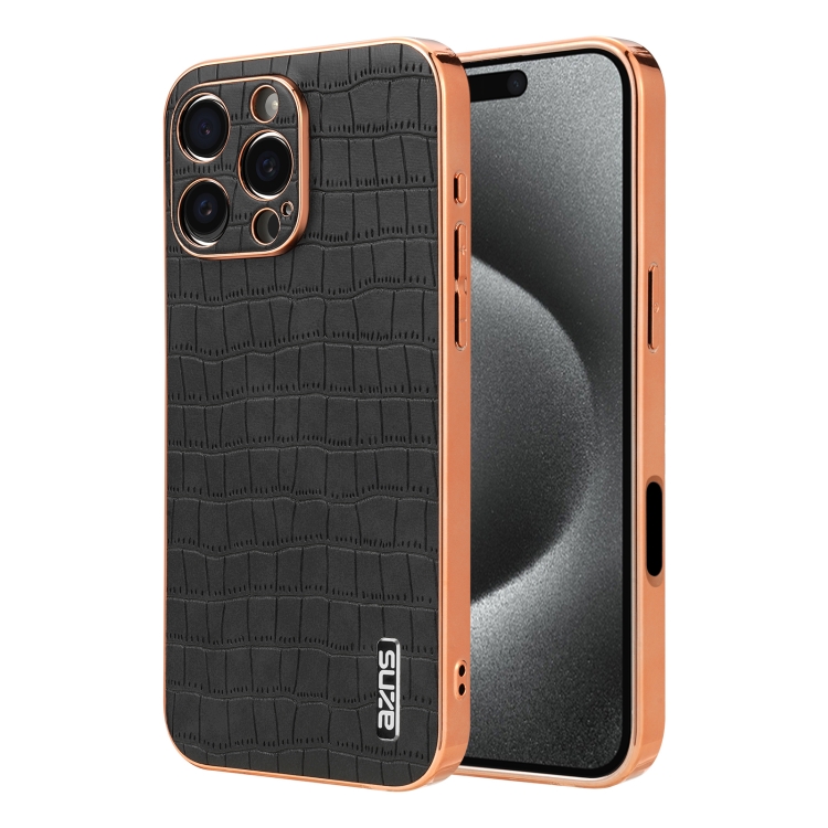 

For iPhone 16 Pro AZNS Electroplated Frame Crocodile Texture Full Coverage Phone Case(Black)