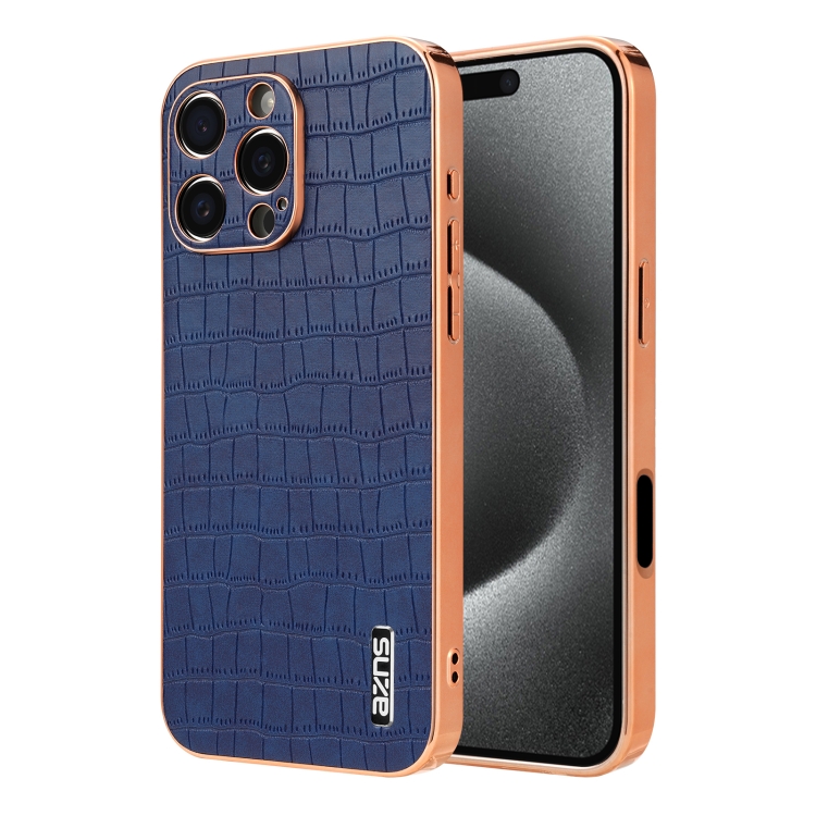 

For iPhone 16 Pro AZNS Electroplated Frame Crocodile Texture Full Coverage Phone Case(Blue)