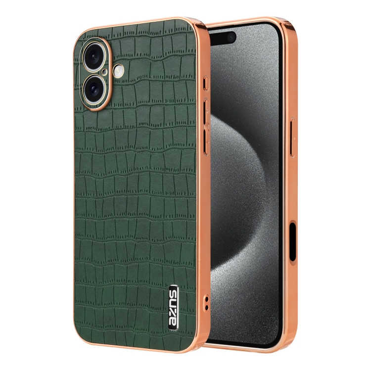 

For iPhone 16 Plus AZNS Electroplated Frame Crocodile Texture Full Coverage Phone Case(Green)