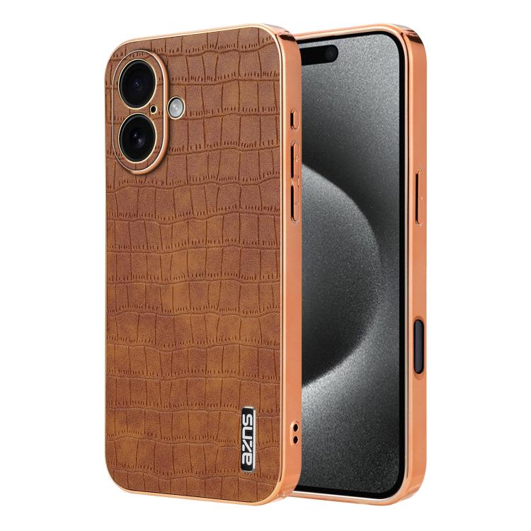 For iPhone 17 AZNS Electroplated Frame Crocodile Texture Full Coverage Phone Case(Brown)