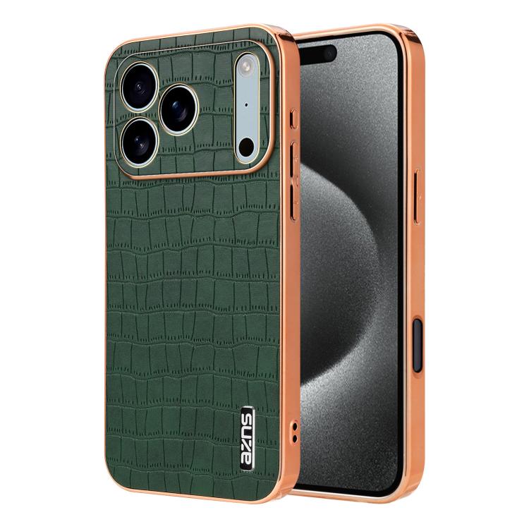 For iPhone 17 Pro AZNS Electroplated Frame Crocodile Texture Full Coverage Phone Case(Green)