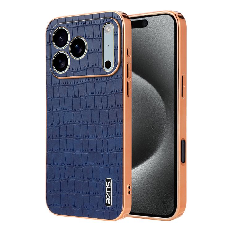 For iPhone 17 Pro Max AZNS Electroplated Frame Crocodile Texture Full Coverage Phone Case(Blue)