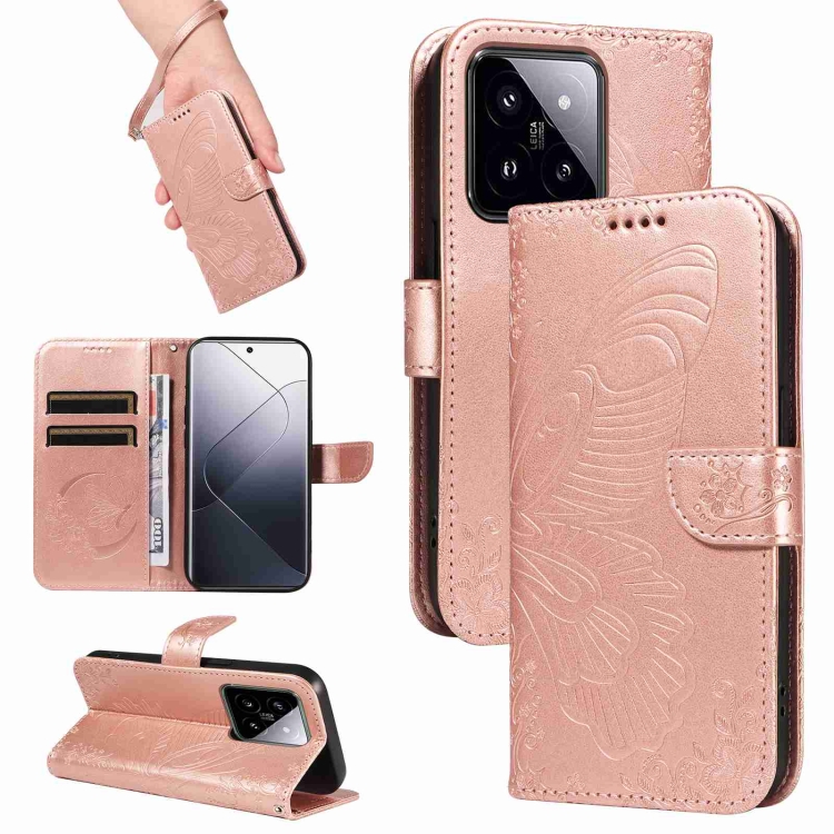 

For Xiaomi 14 Pro Swallowtail Butterfly Embossed Leather Phone Case(Rose Gold)