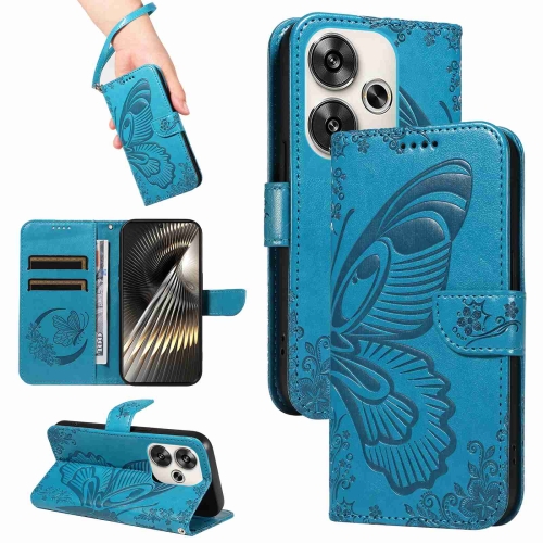 

For Xiaomi Poco F6 Swallowtail Butterfly Embossed Leather Phone Case(Blue)
