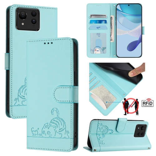 

For Asus Zenfone 11 Ultra Cat Rat Embossed Pattern RFID Leather Phone Case with Lanyard(Mint Green)