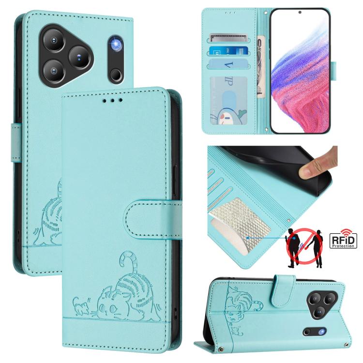 

For Blackview Wave 7C Cat Rat Embossed Pattern RFID Leather Phone Case with Lanyard(Mint Green)