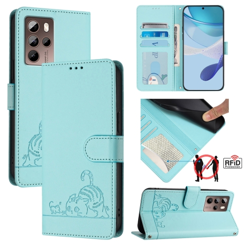 

For HTC U24 Pro Cat Rat Embossed Pattern RFID Leather Phone Case with Lanyard(Mint Green)