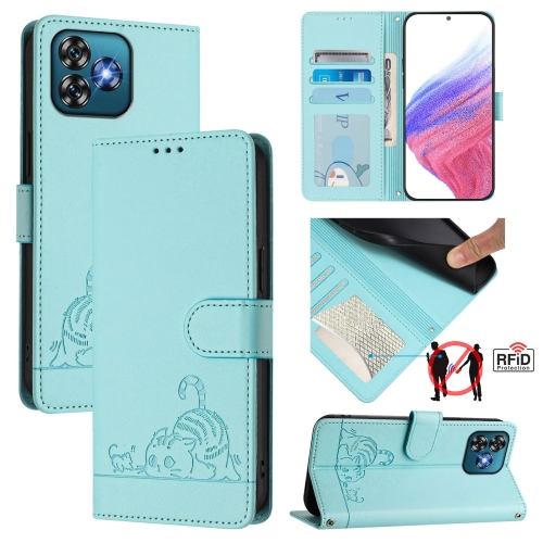 

For Oukitel C53 Cat Rat Embossed Pattern RFID Leather Phone Case with Lanyard(Mint Green)