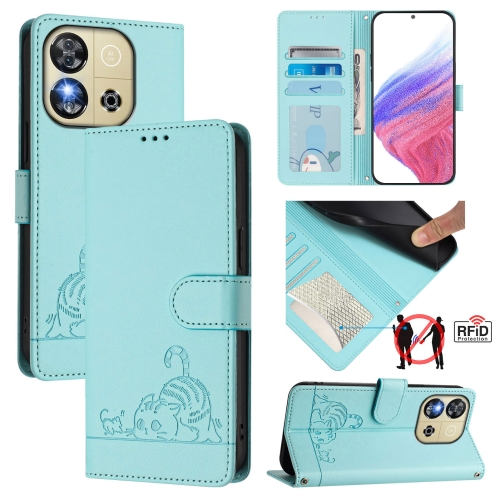 

For Oukitel C57s Cat Rat Embossed Pattern RFID Leather Phone Case with Lanyard(Mint Green)