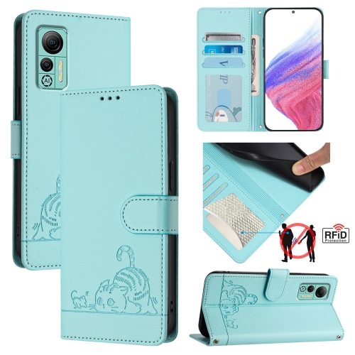 

For Ulefone Note 14 Cat Rat Embossed Pattern RFID Leather Phone Case with Lanyard(Mint Green)