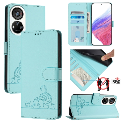 

For ZTE Blade V40s Cat Rat Embossed Pattern RFID Leather Phone Case with Lanyard(Mint Green)