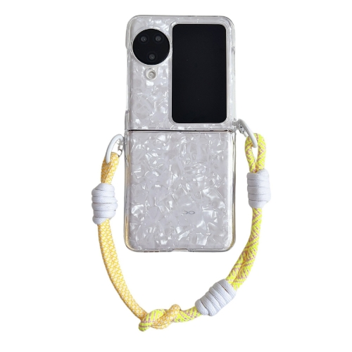 

For OPPO Find N3 Flip Pearlescent Shell Texture Side Buckle Phone Case with Rainbow Bracelet(White)