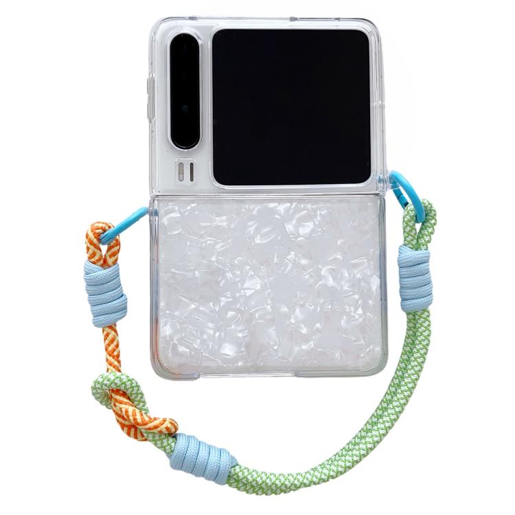 

For Huawei Pura X Pearlescent Shell Texture Side Buckle Phone Case with Rainbow Bracelet(White)