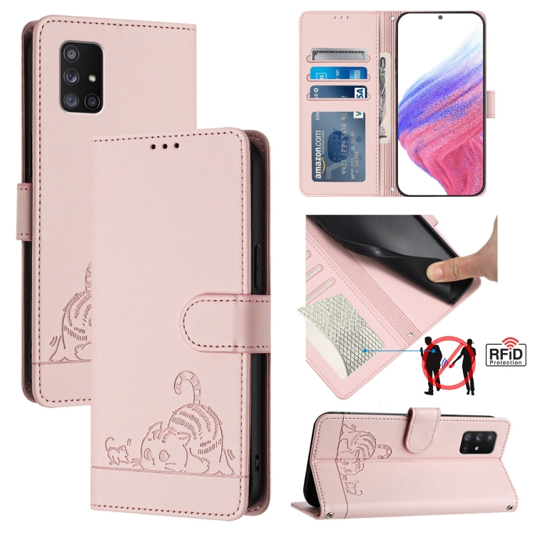For Samsung Galaxy A71 5G Cat Rat Embossed Pattern RFID PU Phone