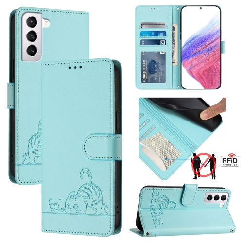 

For Samsung Galax S21 Cat Rat Embossed Pattern RFID PU Phone Case with Wrist Strap(Mint Green)