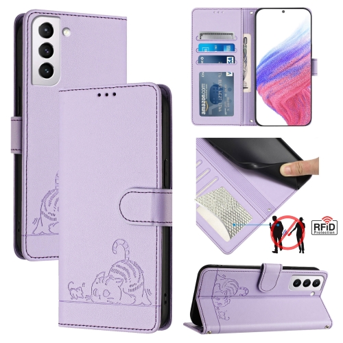 

For Samsung Galax S21+ Cat Rat Embossed Pattern RFID PU Phone Case with Wrist Strap(Purple)