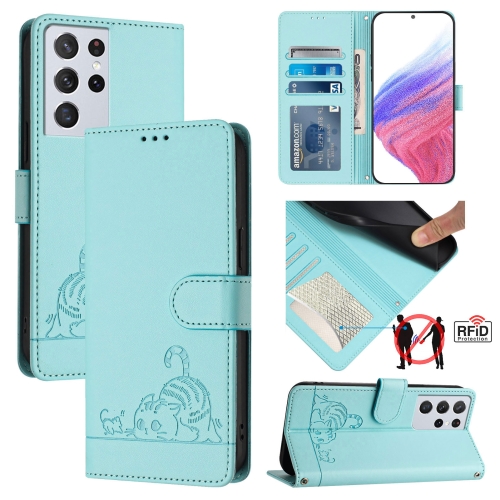 

For Samsung Galax S21 Ultra Cat Rat Embossed Pattern RFID PU Phone Case with Wrist Strap(Mint Green)