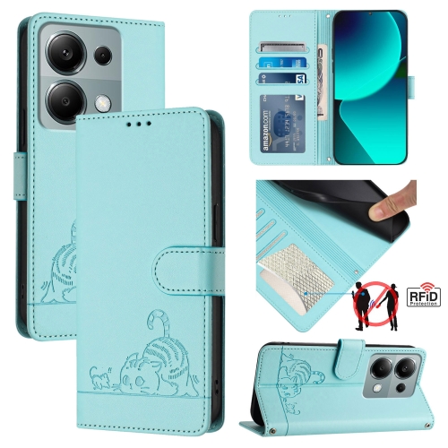 

For Xiaomi Redmi Note 13 Pro 4G Global Cat Rat Embossed Pattern RFID PU Phone Case with Wrist Strap(Mint Green)