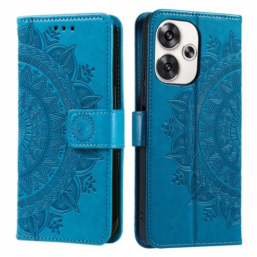 

For Xiaomi Poco F6 Totem Flower Embossed Leather Phone Case with Lanyard(Blue)