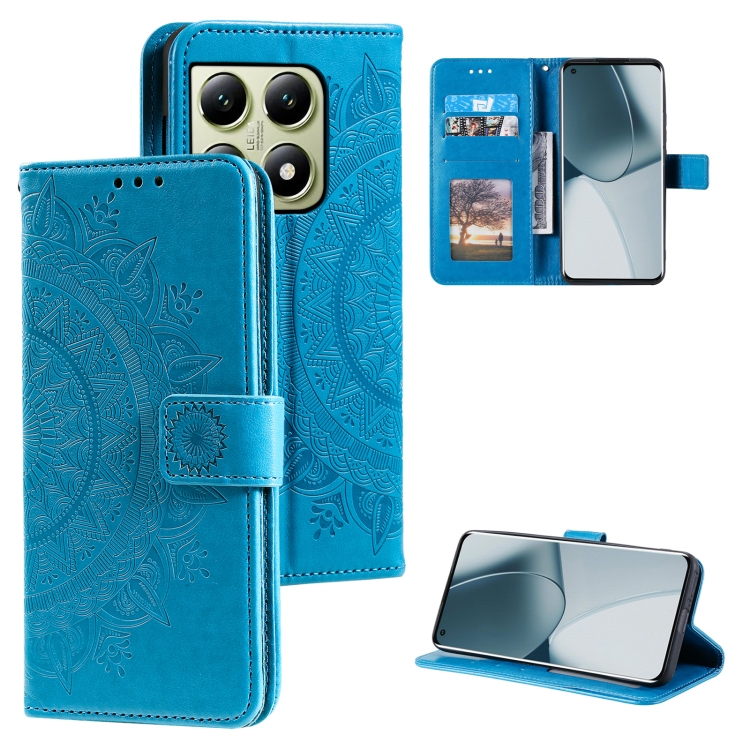 

For Xiaomi 14T Totem Flower Embossed Leather Phone Case with Lanyard(Blue)