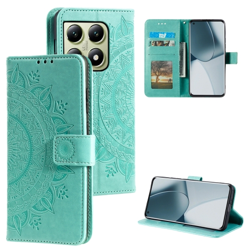 

For Xiaomi 14T Pro Totem Flower Embossed Leather Phone Case with Lanyard(Green)