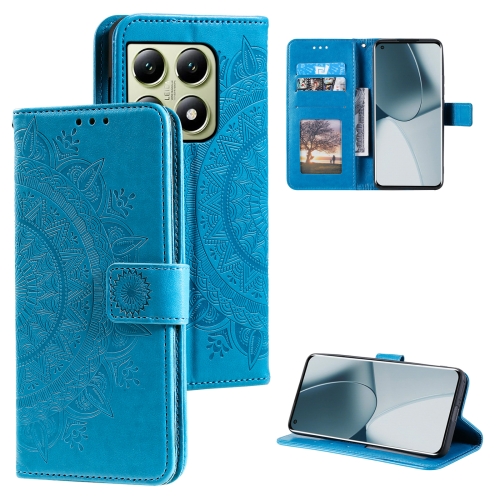 

For Xiaomi 14T Pro Totem Flower Embossed Leather Phone Case with Lanyard(Blue)