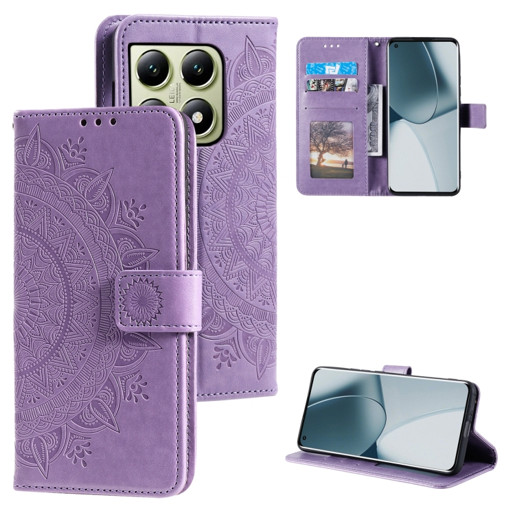 

For Xiaomi 14T Pro Totem Flower Embossed Leather Phone Case with Lanyard(Purple)