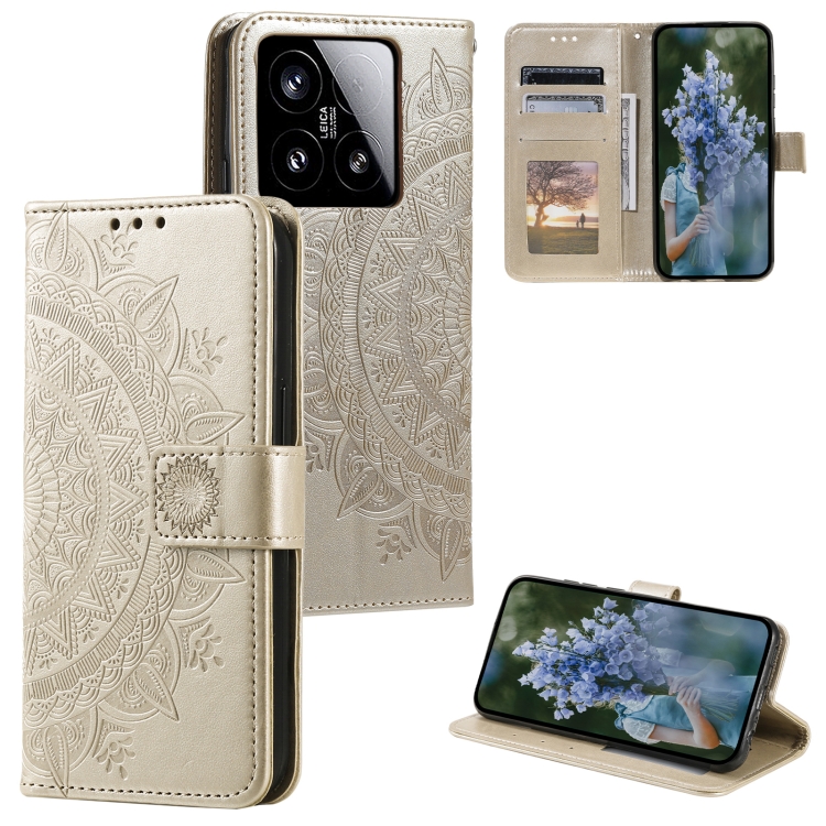 

For Xiaomi 15 Totem Flower Embossed Leather Phone Case with Lanyard(Gold)