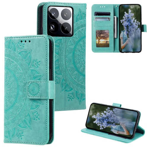 

For Xiaomi 15 Pro Totem Flower Embossed Leather Phone Case with Lanyard(Green)