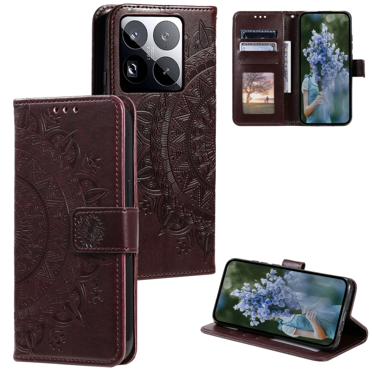 

For Xiaomi 15 Pro Totem Flower Embossed Leather Phone Case with Lanyard(Brown)