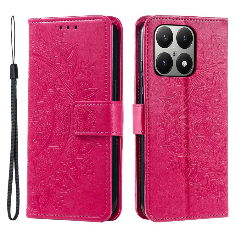 

For Xiaomi 15T Totem Flower Embossed Leather Phone Case with Lanyard(Red)