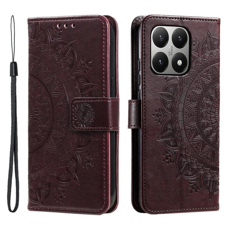 

For Xiaomi 15T Totem Flower Embossed Leather Phone Case with Lanyard(Brown)