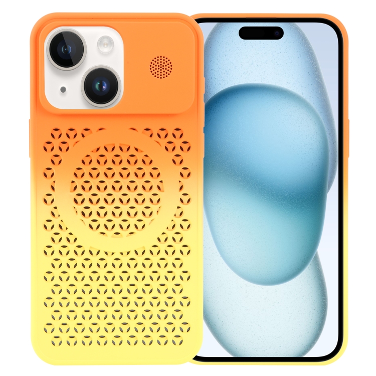 

For iPhone 15 Plus Gradient Color Honeycomb Aromatherapy MagSafe Phone Case(Orange Yellow)