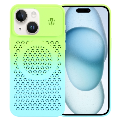 

For iPhone 15 Gradient Color Honeycomb Aromatherapy MagSafe Phone Case(Green Blue)