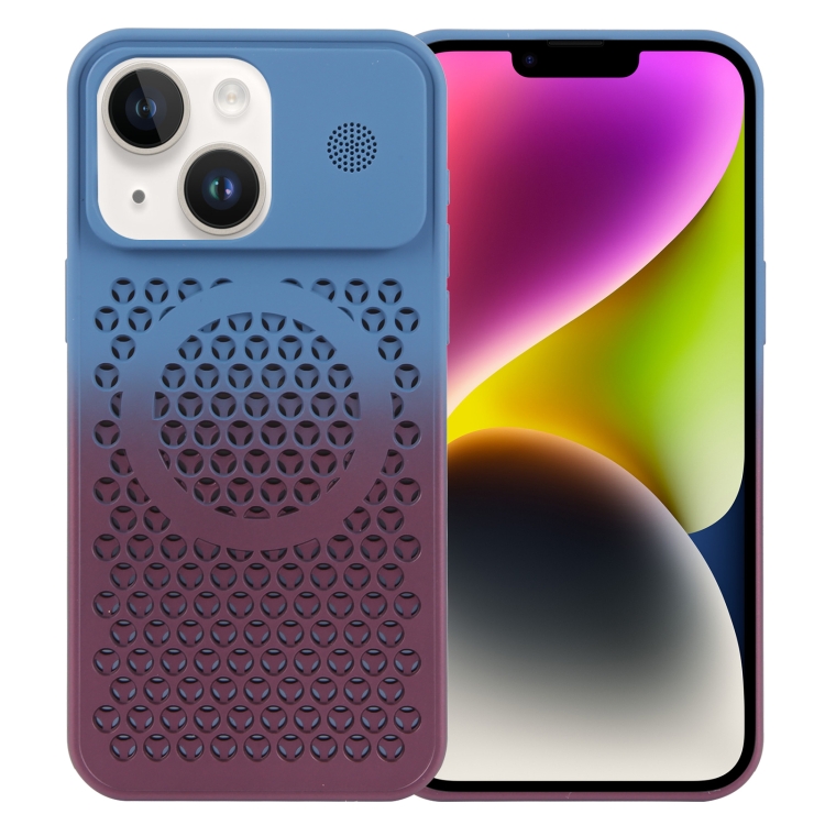 

For iPhone 14 Plus Gradient Color Honeycomb Aromatherapy MagSafe Phone Case(Blue Red)