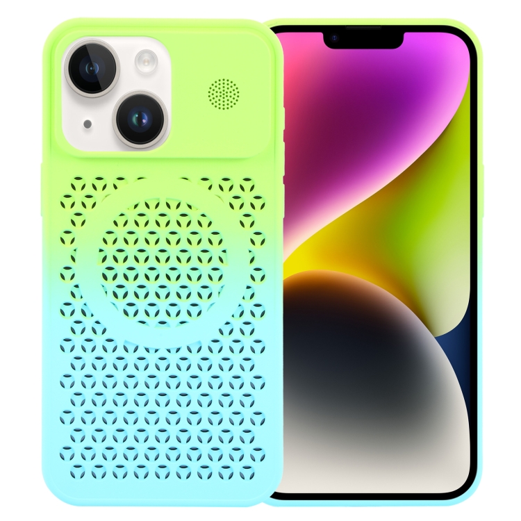 

For iPhone 14 Gradient Color Honeycomb Aromatherapy MagSafe Phone Case(Green Blue)