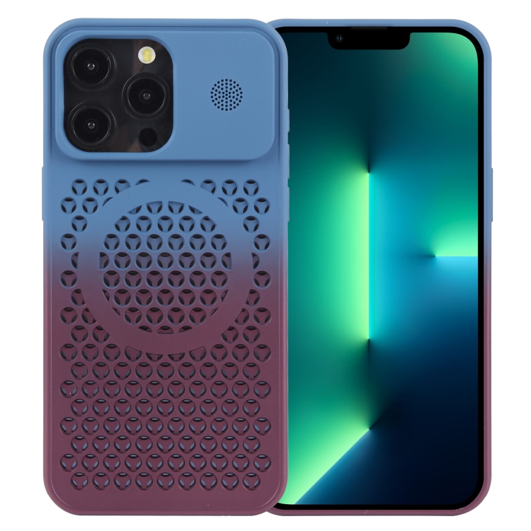 

For iPhone 13 Pro Gradient Color Honeycomb Aromatherapy MagSafe Phone Case(Blue Red)