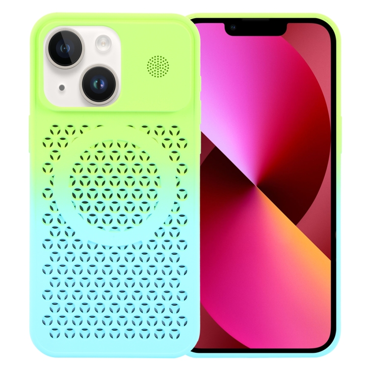 

For iPhone 13 Gradient Color Honeycomb Aromatherapy MagSafe Phone Case(Green Blue)
