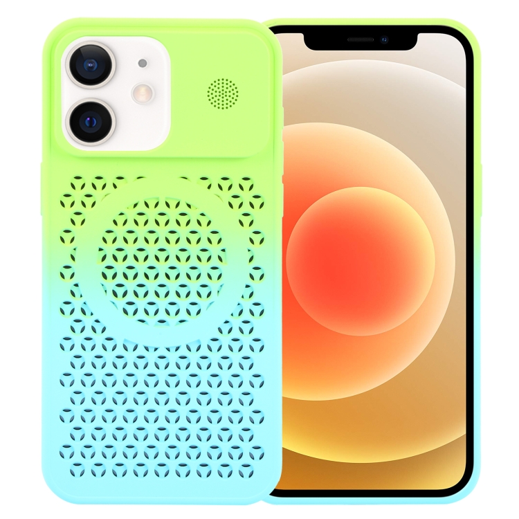 

For iPhone 12 Gradient Color Honeycomb Aromatherapy MagSafe Phone Case(Green Blue)
