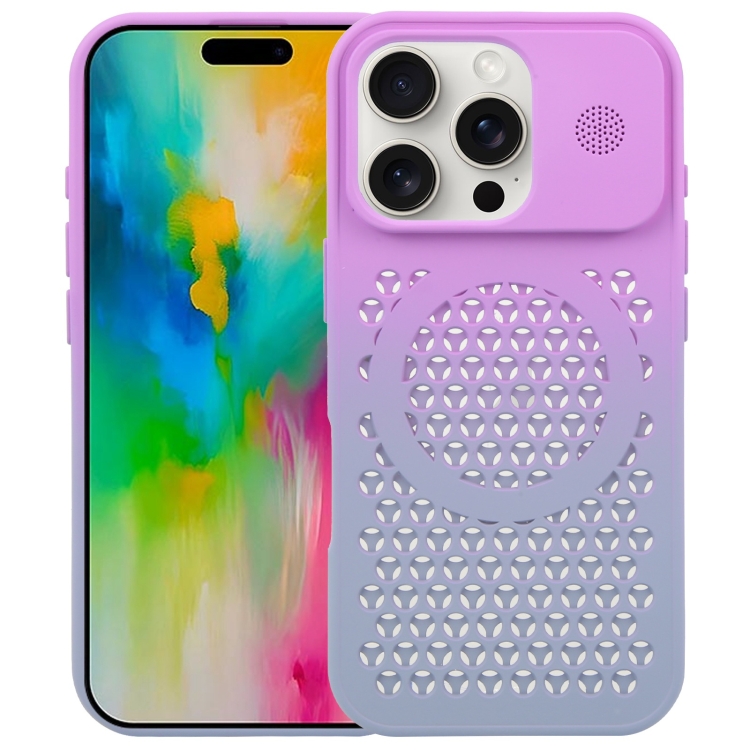 

For iPhone 16 Pro Gradient Color Honeycomb Aromatherapy MagSafe Phone Case(Purple Grey)